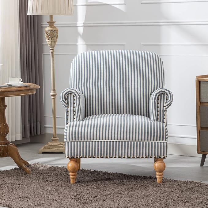 Linen Accent Chairs Set of 2 Mid-Century Modern Living Room Armchair with Nailhead Trim & Wood Legs Comfy Upholstered Single Sofa Chair for Lounge/Bedroom/Reception, Blue Stripe