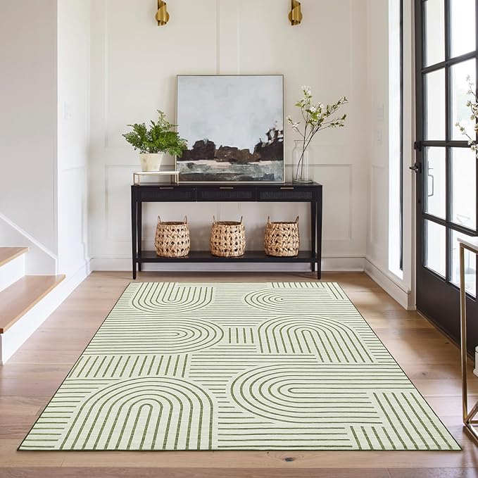 Washable Rug 4x6 Area Rugs for Living Room, Abstract Rug for Bedroom, Soft Rainbow Non Slip Throw Rugs with Rubber Back, Low Pile Stain Resistant Boho Geometric Carpet for Dining Room, Green