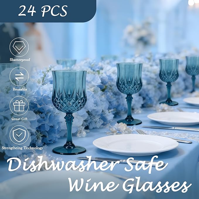 Plastic Wine Glasses, Plastic Goblets Vintage Style Cordial Drinking Glasses for Valentine’s Day, Wedding Reception, Grand Event Party Supplies (24, Navy Blue)