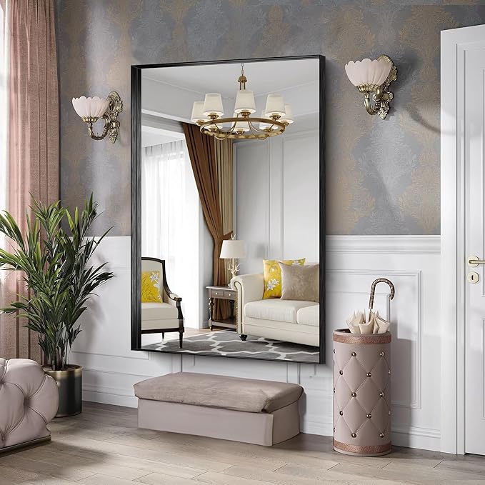 CIRCUMI Black Bathroom Mirror, 60"x40" Rectangular Mirror with Deep Metal Frame, Brushed Finish, Tempered Glass, Large Mirror for Wall, Over 2 Sinks, Installed Vertically/Horizontally, Crystal-Clear