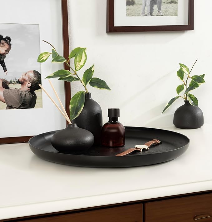 Kate and Laurel Stovring Round Modern Decorative Tray; 17 Inch Diameter; Black; Contemporary Serving Tray for Use as Entryway Catch-All or Coffee Table Tray