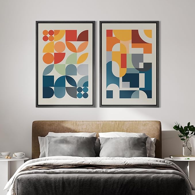 IDEA4WALL Framed Canvas Print Wall Art Set Mid-Century Modern Red & Blue Geometric Color Blocks Abstract Shapes Illustrations Modern Art Decorative Minimalist Multicolor for Bedroom - 24"x36"x2 Black