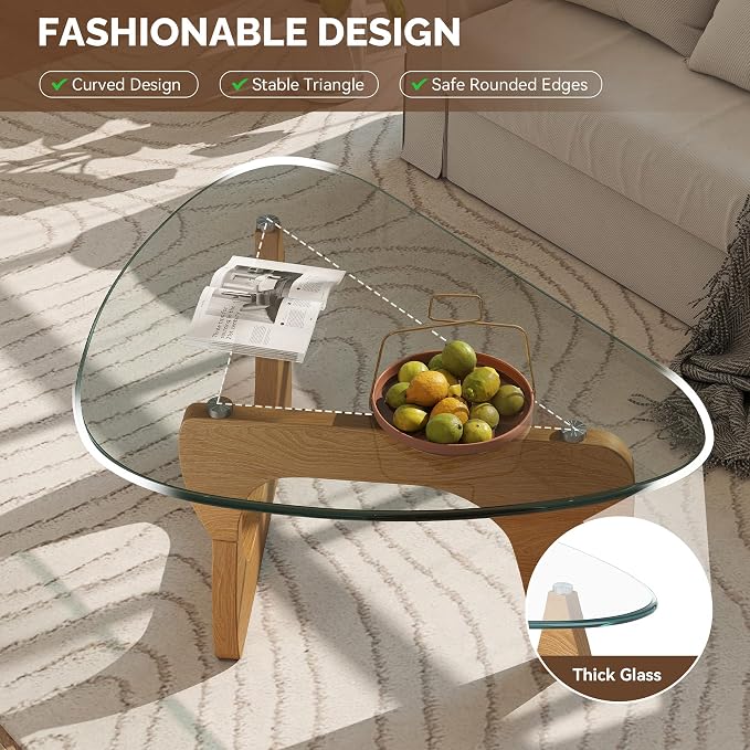 Modern Glass Coffee Table, Triangle Center Table with Tempered Glass Top& Unique Wooden Base, 31.5” Mid Century Tea Tables for Living Room, Apartment, Office,Wood &Transparent