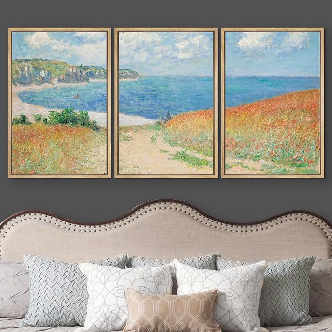 wall26 Framed Canvas Print Wall Art Set Path Through The Corn at Pourville by Claude Monet Cultural Historic Oil Painting Fine Art Reproduction for Living Room, Bedroom, Office - 16"x24"x3 Natural