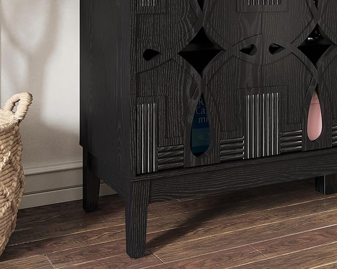 LKTART Black Sideboard Buffet with Hollow Carved Doors and Outlet Holes,Accent Cabinet,Credenzas Storage Cabinet for Living,Kitchen