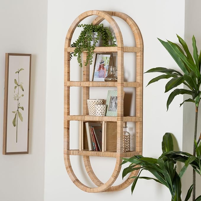 Bali & pari Labonita Natural Rattan Wall Shelf – 3-Tier Wall-Mounted Display Unit with Arching Frame for Entryway, Living Room, or Bathroom