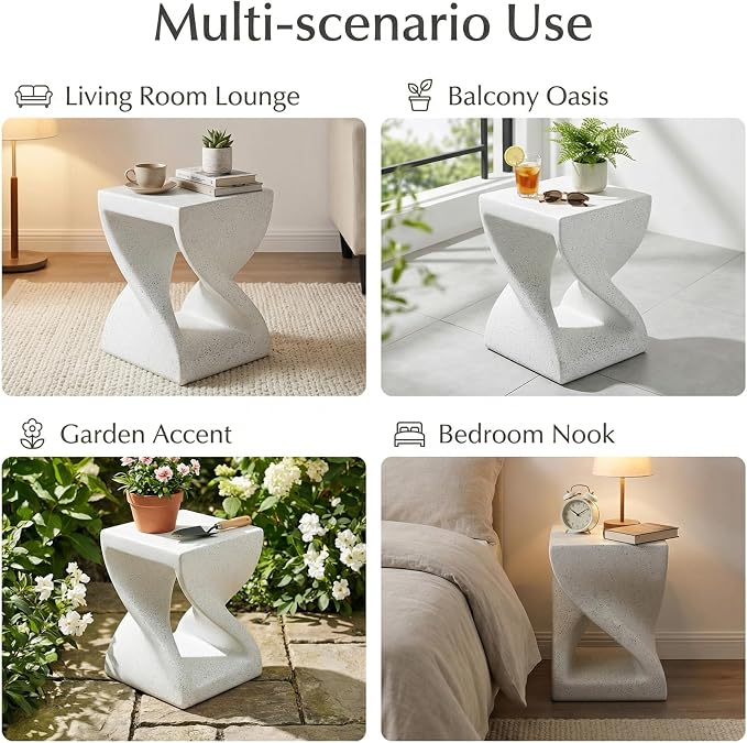 ø13.39'' Faux Concrete Cement Round Side Table End Table, Modern Contemporary Minimalist Twisted-Base Style, MGO Material for Indoor & Outdoor, No Assembly, White