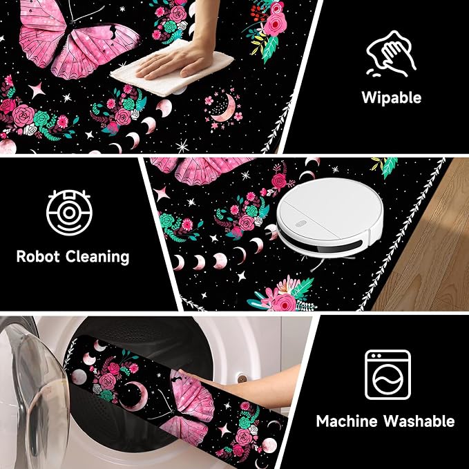 Pink Butterfly Area Rug 3'x5' Moon Phase Floral Rugs for Entryway Bedroom Living Room Kitchen Home Decor Boho Gothic Butterfly Carpet Non-Slip Washable Floor Mat