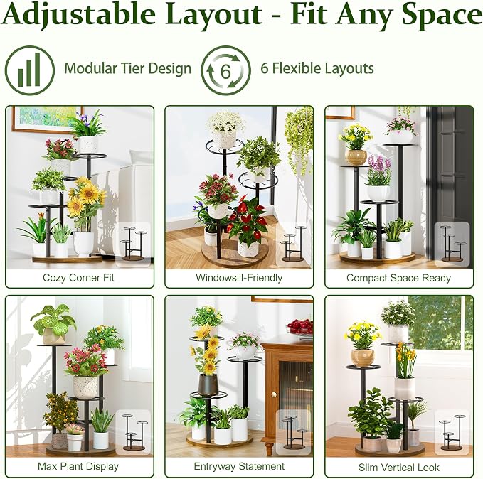 3 Tier Plant Stand Indoor Outdoor,Tiered Plant Stands,Wood Plant Shelf for Multiple Plants, Wrought Iron Flower Stand, Tall Plant Rack Shelf for House Patio Garden - BlackKite