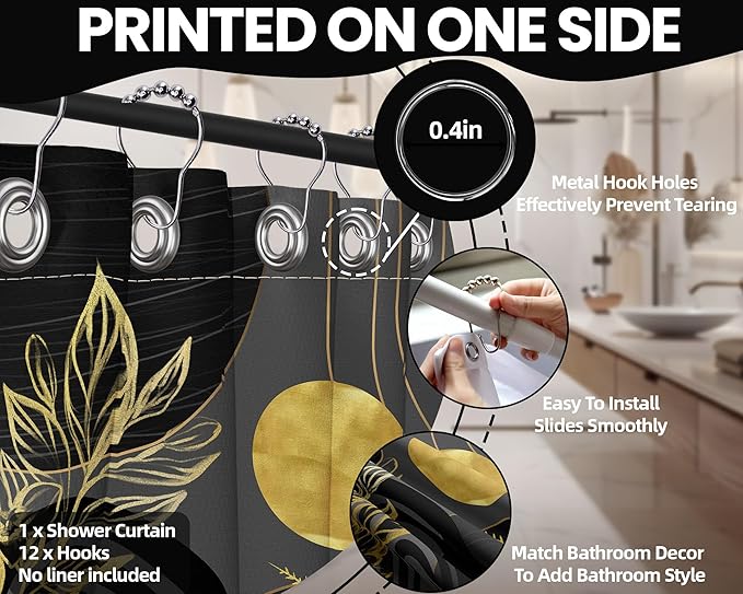Black and Gold Shower Curtain Boho Mid Century Black and Dark Grey and Gold Shower Curtains for Bathroom Decor, Waterproof Cloth Fabric with Hooks, 48" W x 72" L