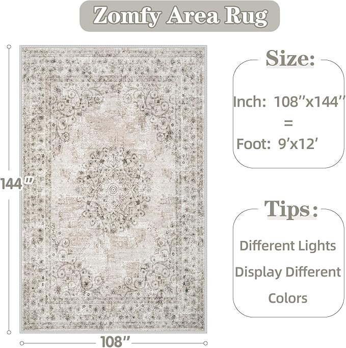 Area Rug 9x12 Vintage Rug: Large Washable Indoor Medallion Rugs Low Pile Distressed Floor Carpet Retro Accent Rug for Living Room Bedroom Kitchen Dining Table Home Office(Distressed Taupe, 9'x12')