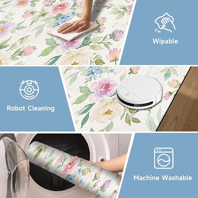 Watercolor Floral Rug 6'x9' Soft Pastel Botanical Area Rug for Entryway Bedroom Living Room Nursery Kitchen Playroom Home Decor Low Pile Non-Slip Washable Carpet