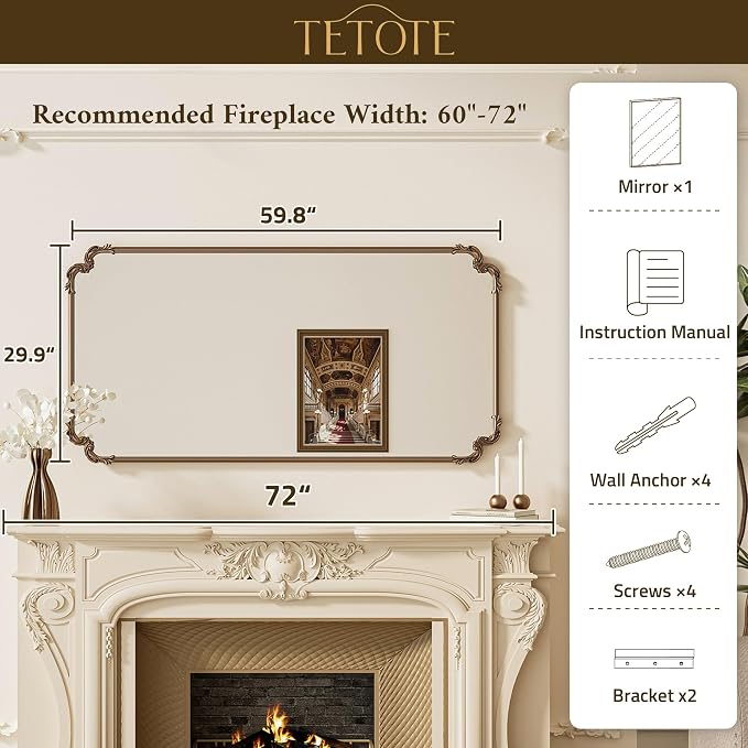 TETOTE Vintage Antique Gold Rectangle Mirror for Mantle Fireplace 60 x 30 Traditional Baroque Ornate Scroll Wall Mirror with Metal Frame for Living Room Bedroom, Horizontal/Vertical