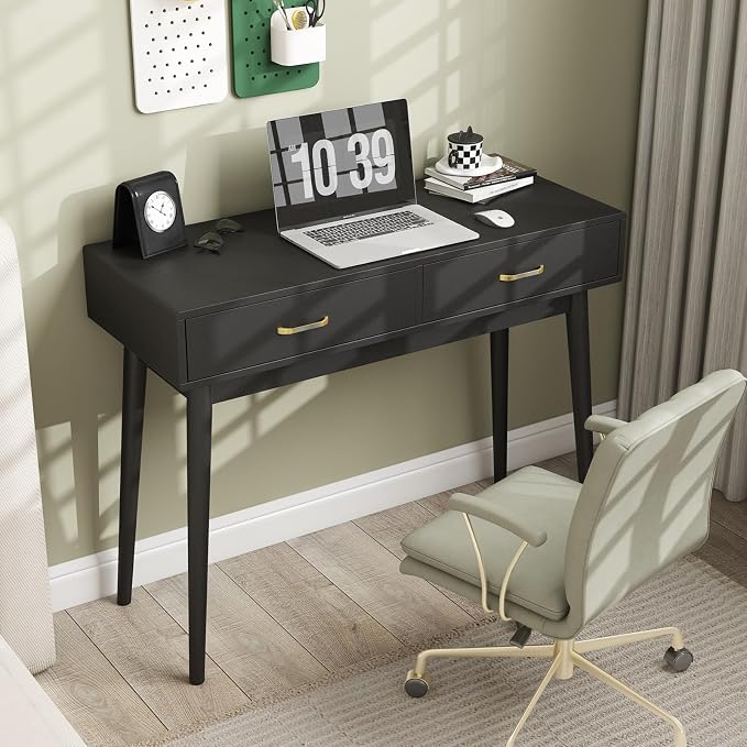 FUNKOCO Small Black Desk with Drawers - 40 Inch Home Office Study Writing Desk for Bedroom, Vanity Desk with 4 Solid Legs, Modern Computer Desk for Small Spaces (Balck)