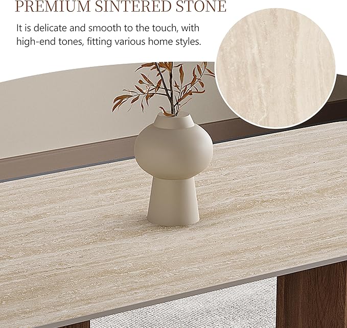 Travertine Dining Table for 4-6, Modern Kitchen Table, Easy Assembly Rectangular Dining Room Table with Solid Wood Legs in Walnut Finish (63-Inch, Table Only)