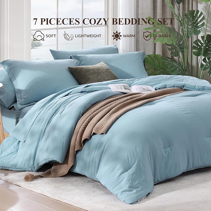 WRENSONGE Queen Comforter Set- 7 Pieces Soft Blue Bed in a Bag Queen with Fitted Sheet, Flat Sheet, 2 Pillow Shams, and 2 Pillowcases- Warm Bedding Sets for All Season