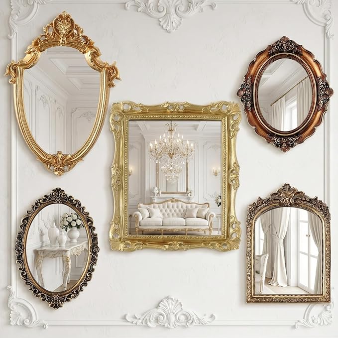 Wonderjune 5 Pcs Vintage Gold Mirror Set for Wall Decorative Resin Frame Ornate Antique Hanging and Tabletop Mirror for Home Dresser Gallery Decor Photography Props Gift (Ornate Style)