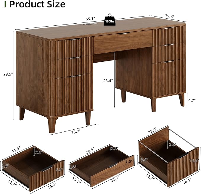 55.1" Fluted Executive Desk with Drawers, Wood Computer Desk with Storage Cabinet, Home Office Desk with Charging Station, Farmhouse Desk with File Cabinet for Office Home (Walnut)