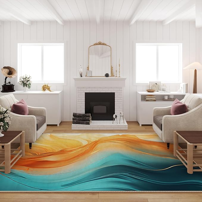 Orange Teal Area Rug for Living Room 5'x7', Turquoise Marble Decorative Washable Rug Non Slip Indoor Dining Floor Carpet for Bedroom Office, Teal Gold Living Room Decor