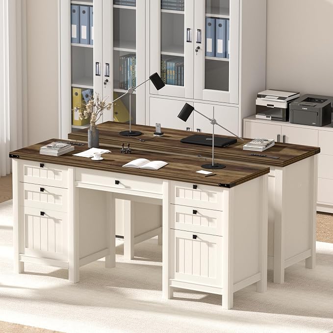 Executive Desk, Modern Farmhouse Computer Desk with Drawers & Cabinet, Home Office Desk for Work Study Writing Workspace (Antique White, 62")