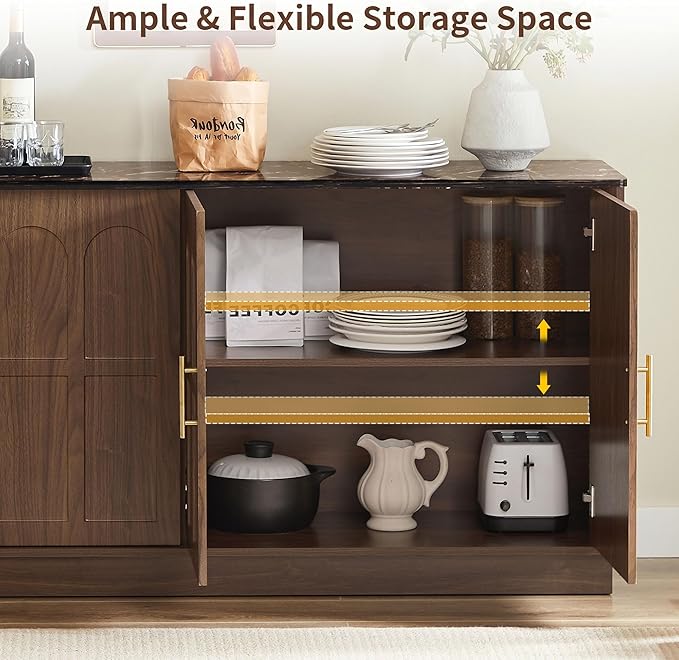 66.5" Sideboard Buffet Cabinet with Storage, Modern Credenza with Faux Marble Top & Arched Doors, Large Wood Accent Cabinet for Living Room, Kitchen, Entryway