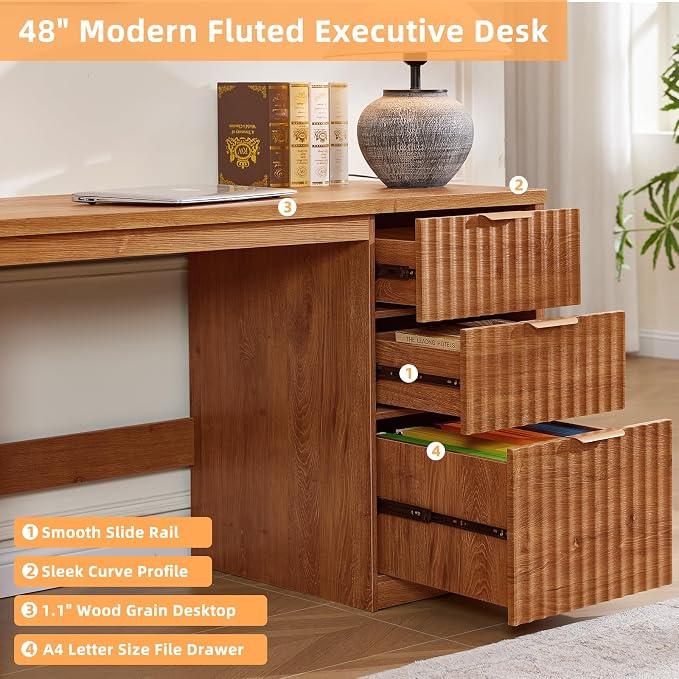 LEYAOYAO Office Desk 48" with 3 Drawers Storage File Cabinet Wood Fluted Desk for Computer Office Bedroom Home Furniture Tea Brown