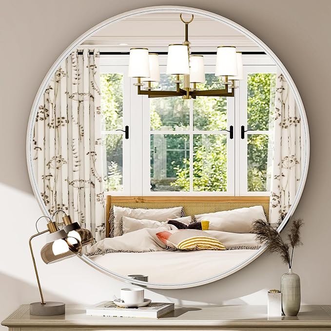32 Inch Round Bathroom Mirror - Wall Mounted Circle Mirror with Metal Frame, Modern Style Suitable for Bathroom, Vanity, Entryway, Living Room, Wall Decor,Silver