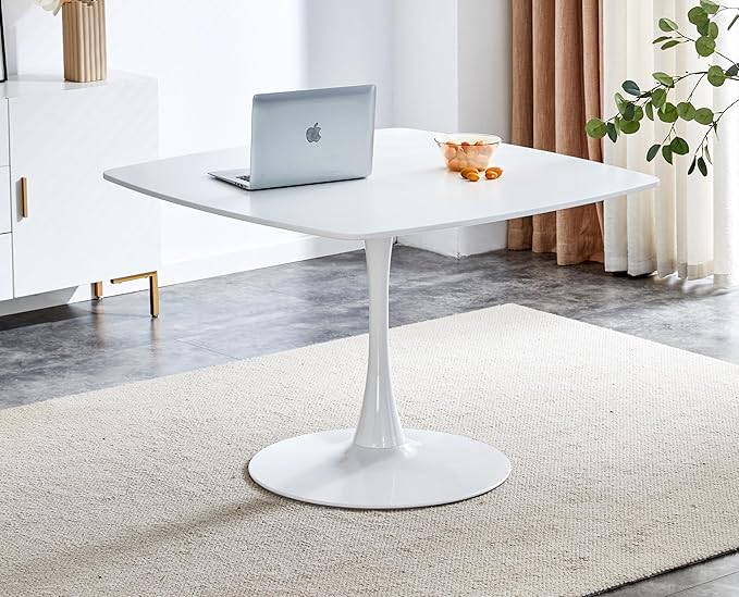 41.12 inches Square Dining Table for 4, Special Kitchen Table with Tulip Shape & Metal Pedestal Base, Mid Century Modern Bistro White Tulip Table for Kitchen, Small Space, Cafe