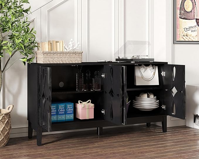 LKTART Black Sideboard Buffet with Hollow Carved Doors and Outlet Holes,Accent Cabinet,Credenzas Storage Cabinet for Living,Kitchen