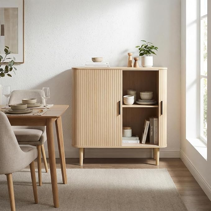 35" Fluted Accent Buffet Cabinet, Oak Small Storage Sideboard with Sliding Door, Mid Century Natural Credenza with Solid Wood Leg, Wine Coffee Bar Console Table for Kitchen, Entryway, Diningroom