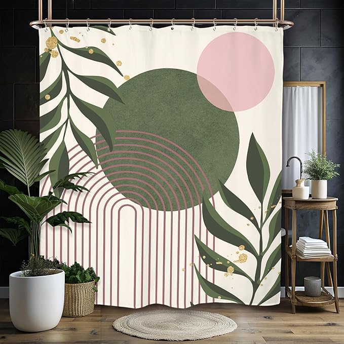 Miyotaa Abstract Minimalist Sage Green Pink Shower Curtain Set 60Wx71H Inches Aesthetic Modern Geometric Neutral Contemporary Plant Leaves Polyester Waterproof Bathroom Curtain with 12 Hooks