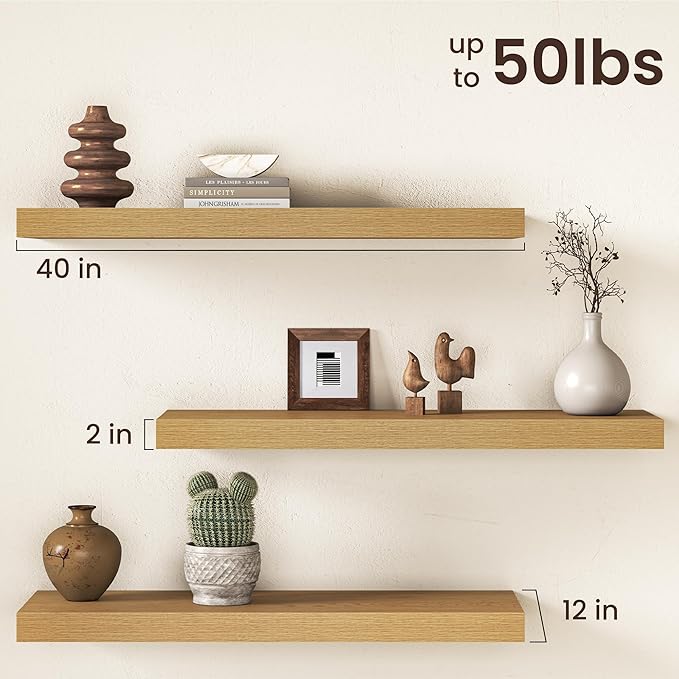 40Inch Oak Floating Shelves for Wall, 12 Inch Deep Shelves for Bedroom, Kitchen, Bathroom Wall Mounted, Rustic Wood Floating Shelf with Invisible Brackets for Books, Storage, Decor, 2 Packs