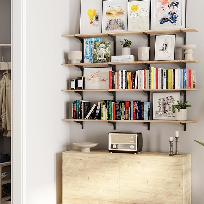 Wallniture Turin 60" Long Wall Bookshelf, Floating Shelves for Bookcase, Storage Shelves with Adjustable Standard Rail Bracket System, Burnt Finish