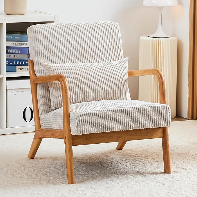 HjaustevyAccent Chairs, Mid Century Modern Chair with Pillow, Arm Chair with Solid Wood, Reading Relaxing Leisure Chair for Living Room, Waiting Room, Beige