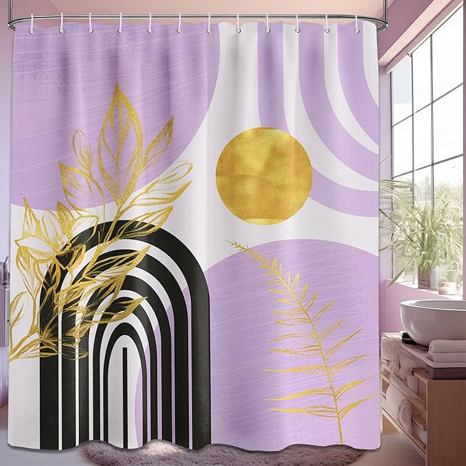 Mid Century Modern Black and Purple Shower Curtain Boho Lavender Light Purple and Gold Shower Curtains for Girls Bathroom Decor Sets, Waterproof Cloth Fabric with Hooks, 60x72in