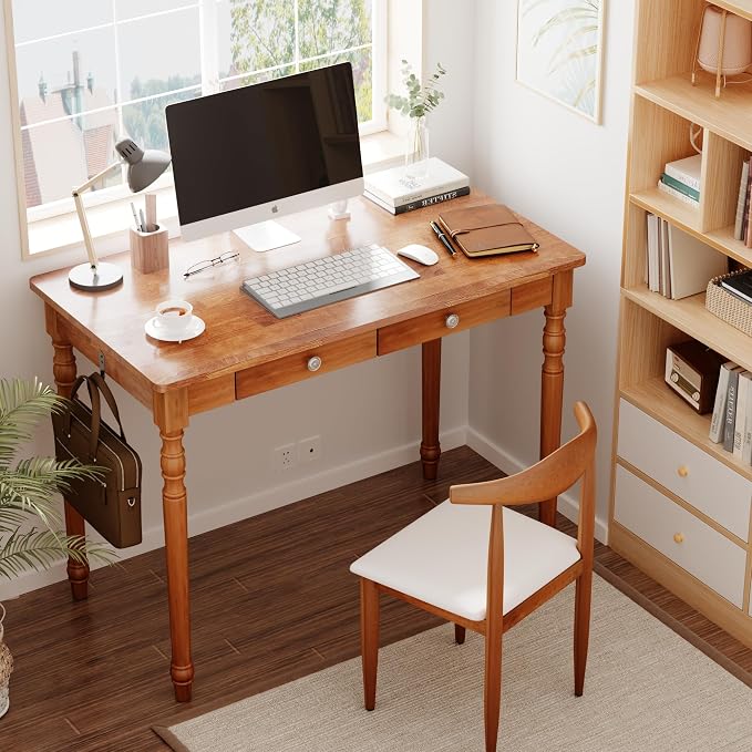 Mid Century Modern Desk, 39" Vintage Solid Wood Desk with 2 Drawers, Boho Writing Desk Computer Table for Home, Office, Bedroom, Living Room