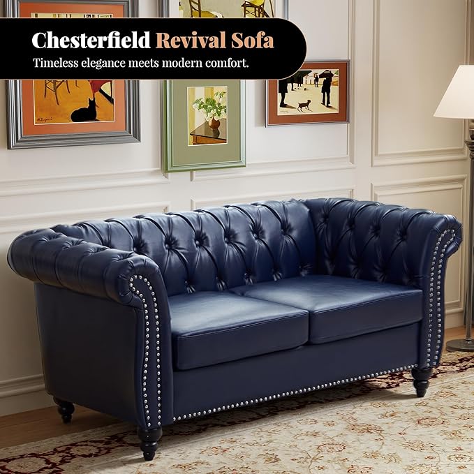 LEVNARY Chesterfield Loveseat, 2 Seater Tufted Couch for Living Room, Classic Button Tufted Upholstered Sofa, Modern Mid-Century PU Leather Loveseat (Blue)