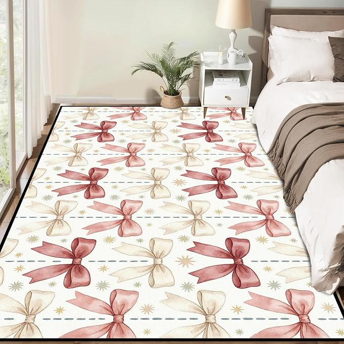 Pink Bowknot Area Rug 5'x7' Watercolor Coquette Aesthetic Non-Slip Washable Carpet for Bedroom Living Room Nursery Kitchen Playroom Home Decor Soft Low Pile Floor Mat