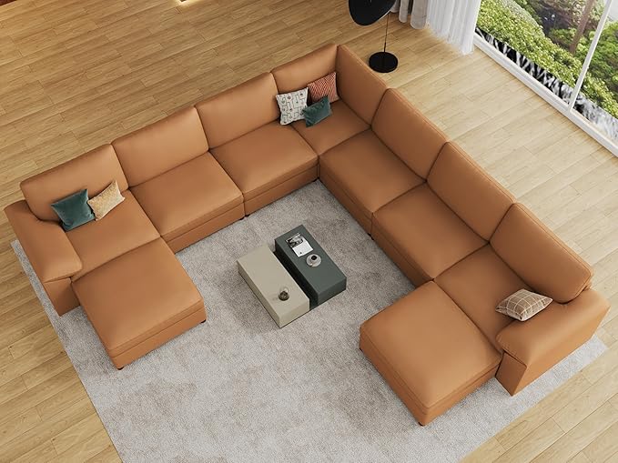 EASE MOOSE Oversized U Shaped Couch,Modular Sectional Convertible Sofa with Wide Deep,Extra Large Faux Leather Scratch Resistant Modern Couch for Big Spaces,Brown