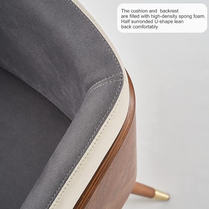 ARTPLAN Dining Accent Chair,Modern Faux Leather with Walnut, Mid Century Eucalyptus Upholsted Retro Arm Chair, Metal Legs Dissassembly Adjustable Foot for Kitchen Dining Room,Grey