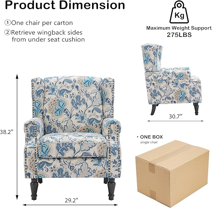 Wingback Chairs Set of 2, High Back Floral Accent Chair in Fabric, Comfy Upholstered Armchair with Nailhead Trim for Living Room, Single Sofa Reading Chair for Small Spaces, Bedroom-Boho Blue