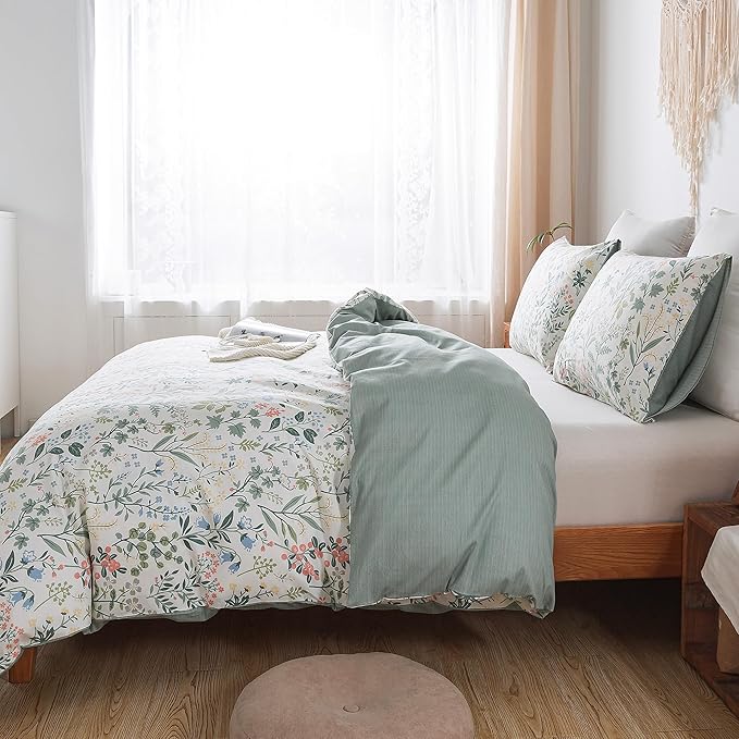 HoneiLife Duvet Cover Twin Size - 100% Cotton Comforter Cover Floral Duvet Cover with Zipper Closure & Corner Ties,2-PCS Wildflower Comforter Cover Sets- Fragrant Grass