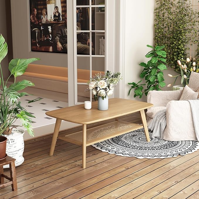 Coffee Table Small Solid Wood Center Table Mid Century Vintage Living Room Coffee Table, Original Rattan 47.24 Inch