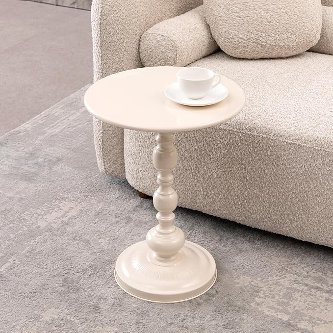 Vintage Metal Coffee Table, Round Cream White Side Table for Sofa or Bedside, Accent End Table for Small Space Living Room Bedroom