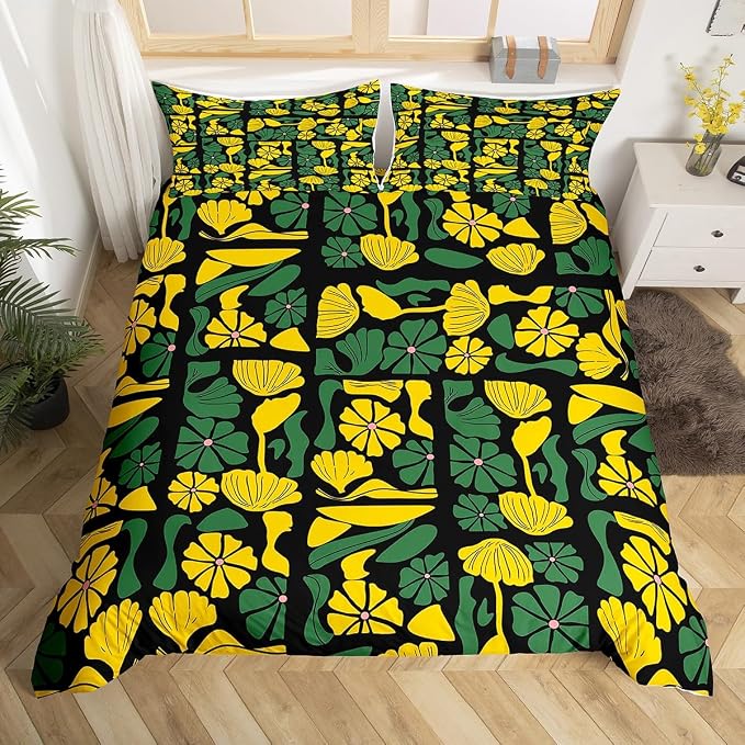 Erosebridal Boho Abstract Floral Duvet Cover Twin Vintage Patchwork Yellow Green Plant Bedding Set Mid Century Modern Abstract Geometric Comforter Cover for Kids Adults,Botanical Flowers Bed Set