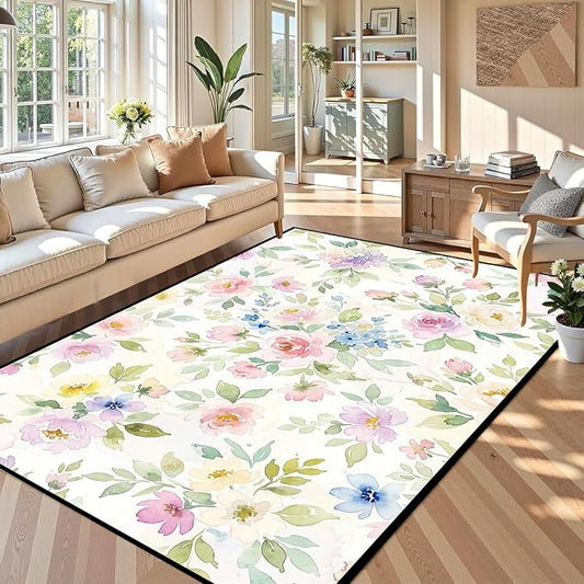 Watercolor Floral Rug 6'x9' Soft Pastel Botanical Area Rug for Entryway Bedroom Living Room Nursery Kitchen Playroom Home Decor Low Pile Non-Slip Washable Carpet
