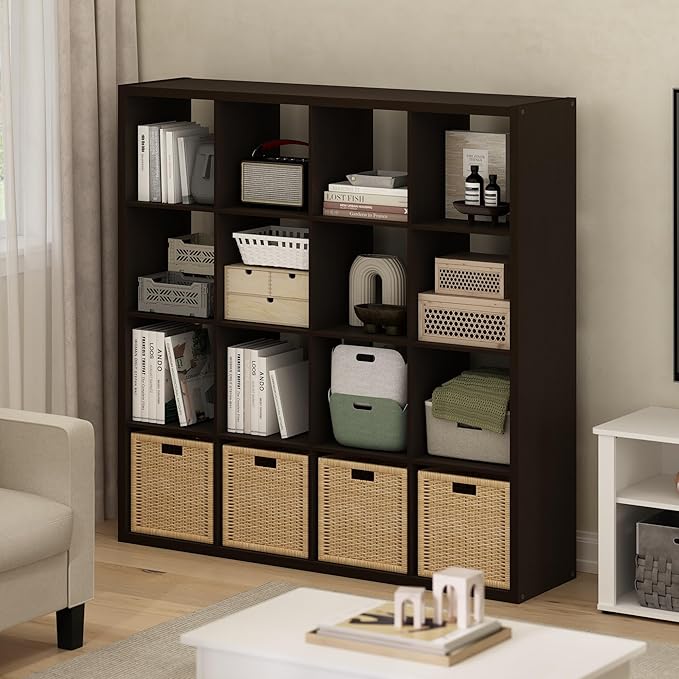 Furinno Cubicle Book Shelf, 16-Cube Bookshelf, Extra Thick Frame Reversible Bookcase with Open Back, 14.6" x 58" x 58", for Living Room, Bedroom, Home Office, Black Dark Oak