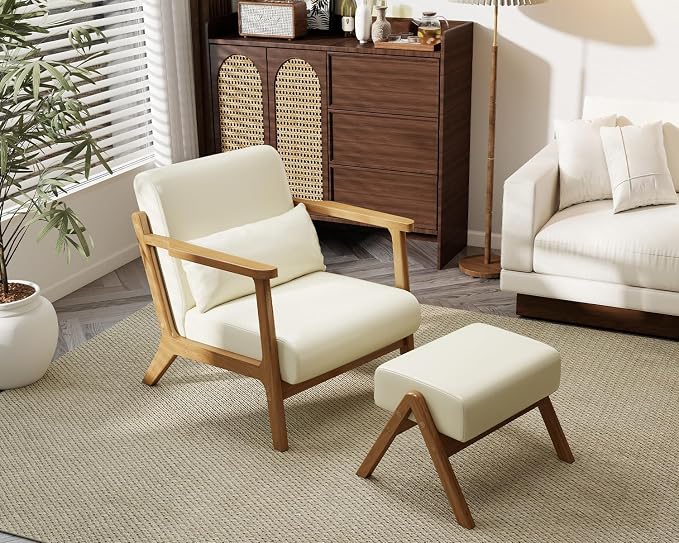 Modern Accent Chair and Ottoman Set, Mid-Century Faux Leather Upholstered Lounge Armchair with Solid Wood Frame & Comfortable Cushion for Living Room, Bedroom, Balcony, Beige