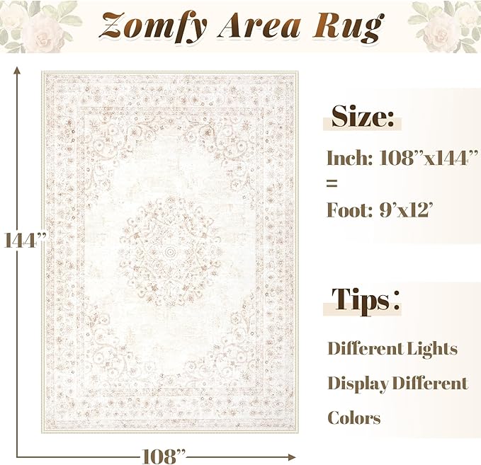 Area Rug 9x12 Vintage Rug: Large Washable Indoor Medallion Rugs Low Pile Distressed Floor Carpet Retro Accent Rug for Living Room Bedroom Kitchen Dining Table Home Office(Distressed Beige, 9'x12')
