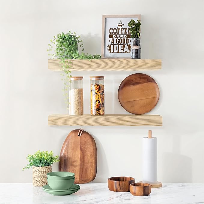 Sorbus Wood Floating Shelves for Wall - 16” Solid Wood Shelves for Bathroom Decor, Books, Bedroom & Living Room - Set of 2 Natural Wall Mounted Kitchen Shelves - Durable Solid Pine